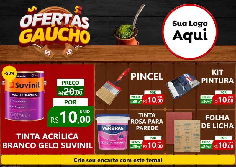 Modelo de Encarte para Encarte A4 Horizontal com o tema Ofertas Dia do Gaúcho para Tintas e Ferramentas