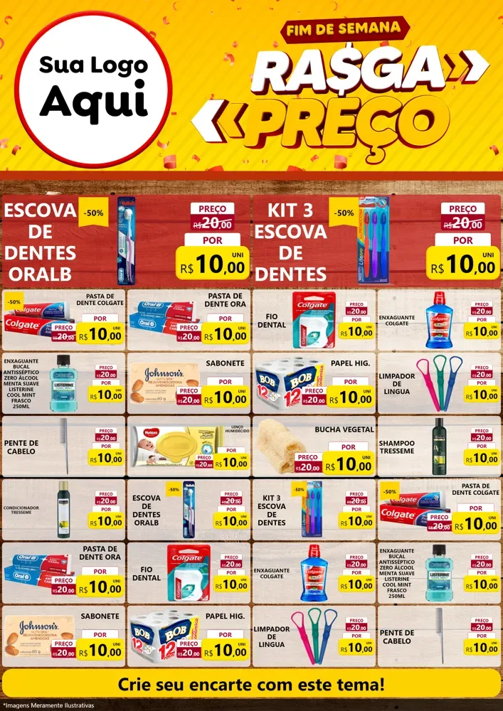 Modelo de Encarte para Encarte A4 Vertical com o tema Fim de Semana Rasga Preços para Higiene Pessoal