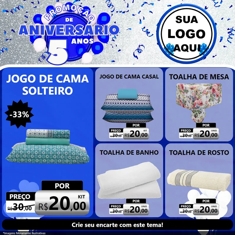 Modelo de Rede Social para Feed Facebook com o tema Promoção de Aniversário - 5 Anos para Cama, Mesa e Banho