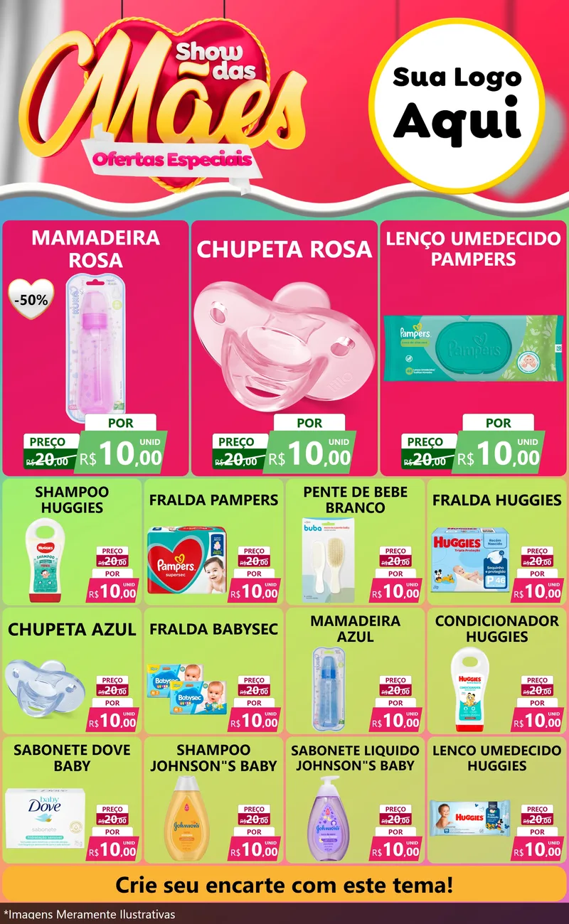 Modelo de Encarte para Encarte Grande com o tema Show das Mães - Ofertas Especiais para Bebês
