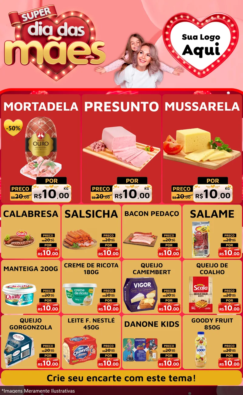 Modelo de Encarte para Encarte Grande com o tema Super Dia Das Mães para Frios e Laticínios