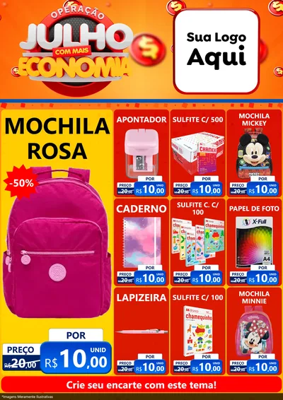 Modelo de Encarte para Encarte A4 Vertical com o tema Operação Julho Com Mais Economia para Papelaria