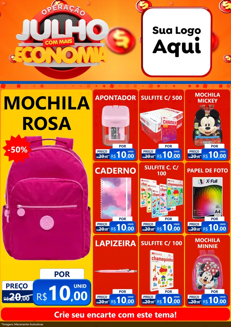 Modelo de Encarte para Encarte A4 Vertical com o tema Operação Julho Com Mais Economia para Papelaria