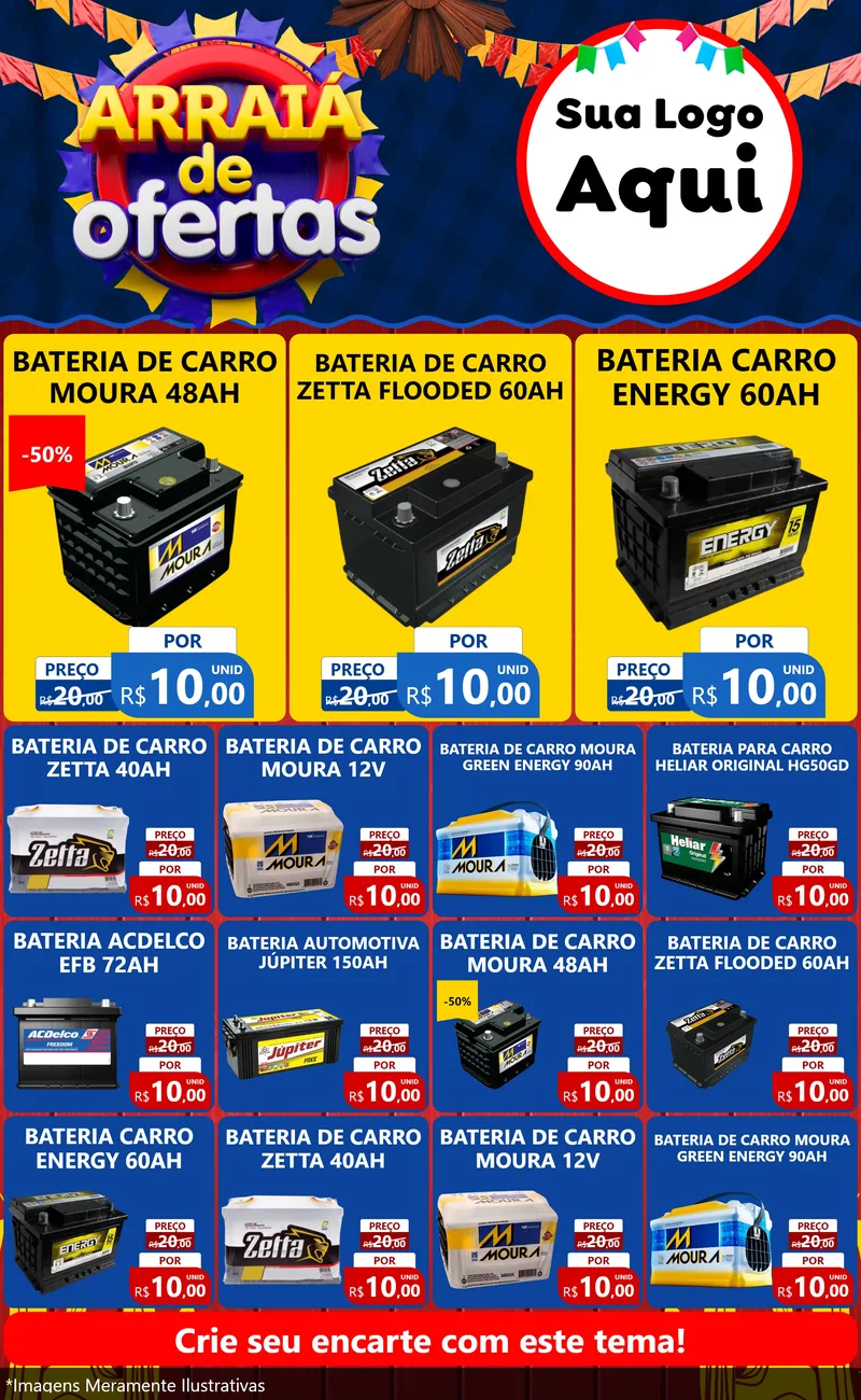 Modelo de Encarte para Encarte Grande com o tema Arraiá de Ofertas para Baterias Elétricas