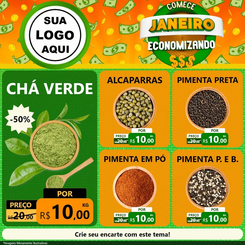 Modelo de Rede Social para Feed Facebook com o tema Comece Janeiro Economizando para Produtos Naturais