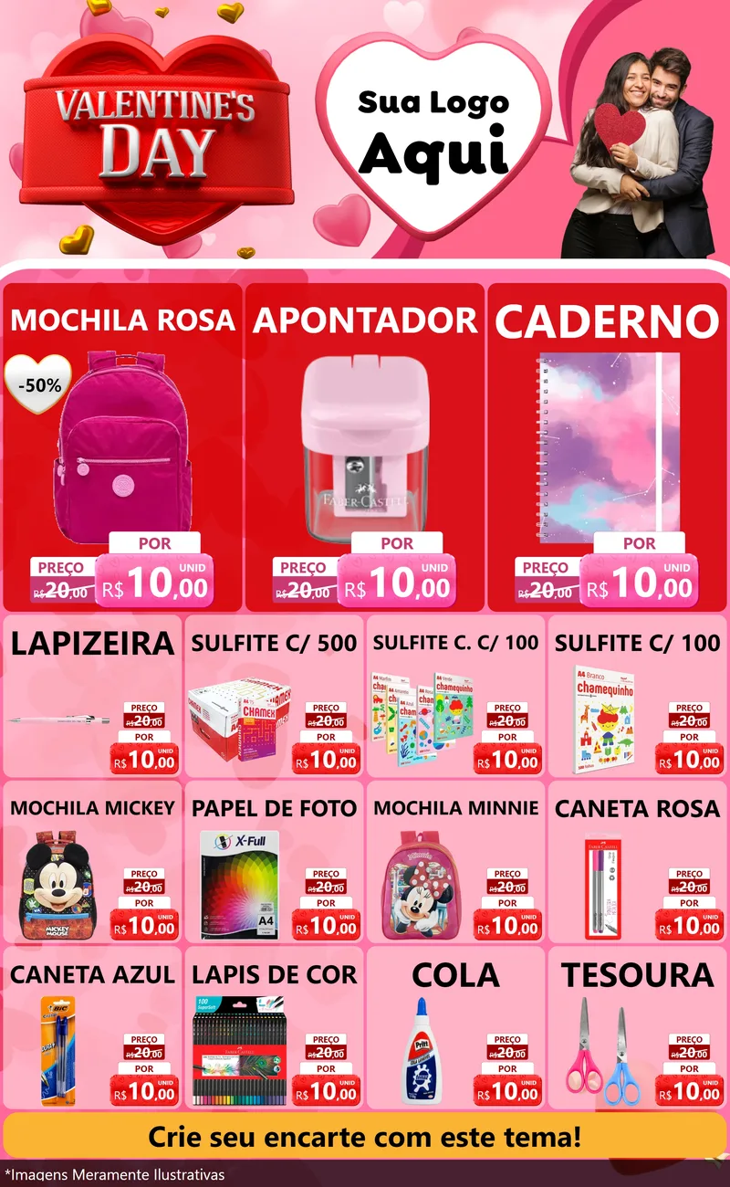 Modelo de Encarte para Encarte Grande com o tema Valentine's Day para Papelaria