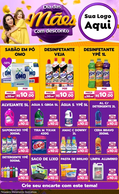 Modelo de Encarte para Encarte Grande com o tema Dia das Mães com Desconto para Produtos de Limpeza