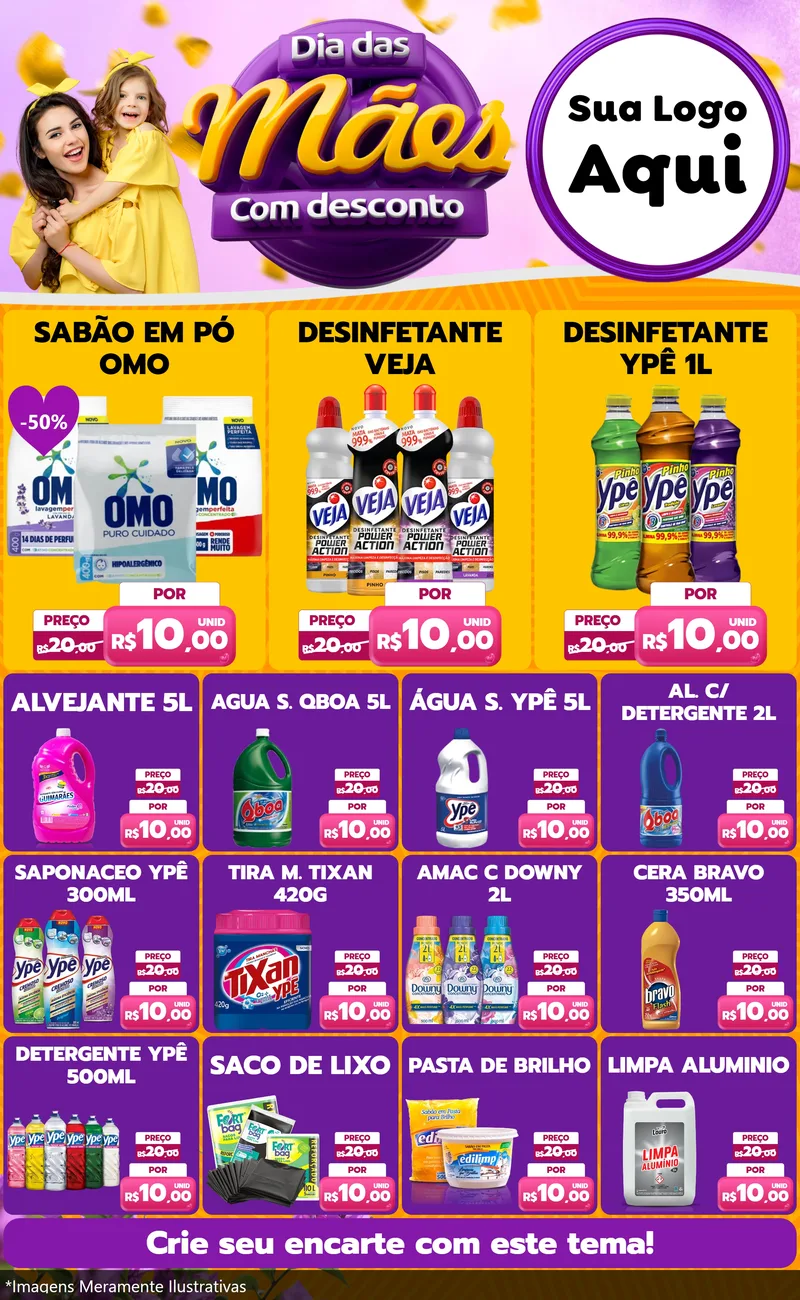 Modelo de Encarte para Encarte Grande com o tema Dia das Mães com Desconto para Produtos de Limpeza