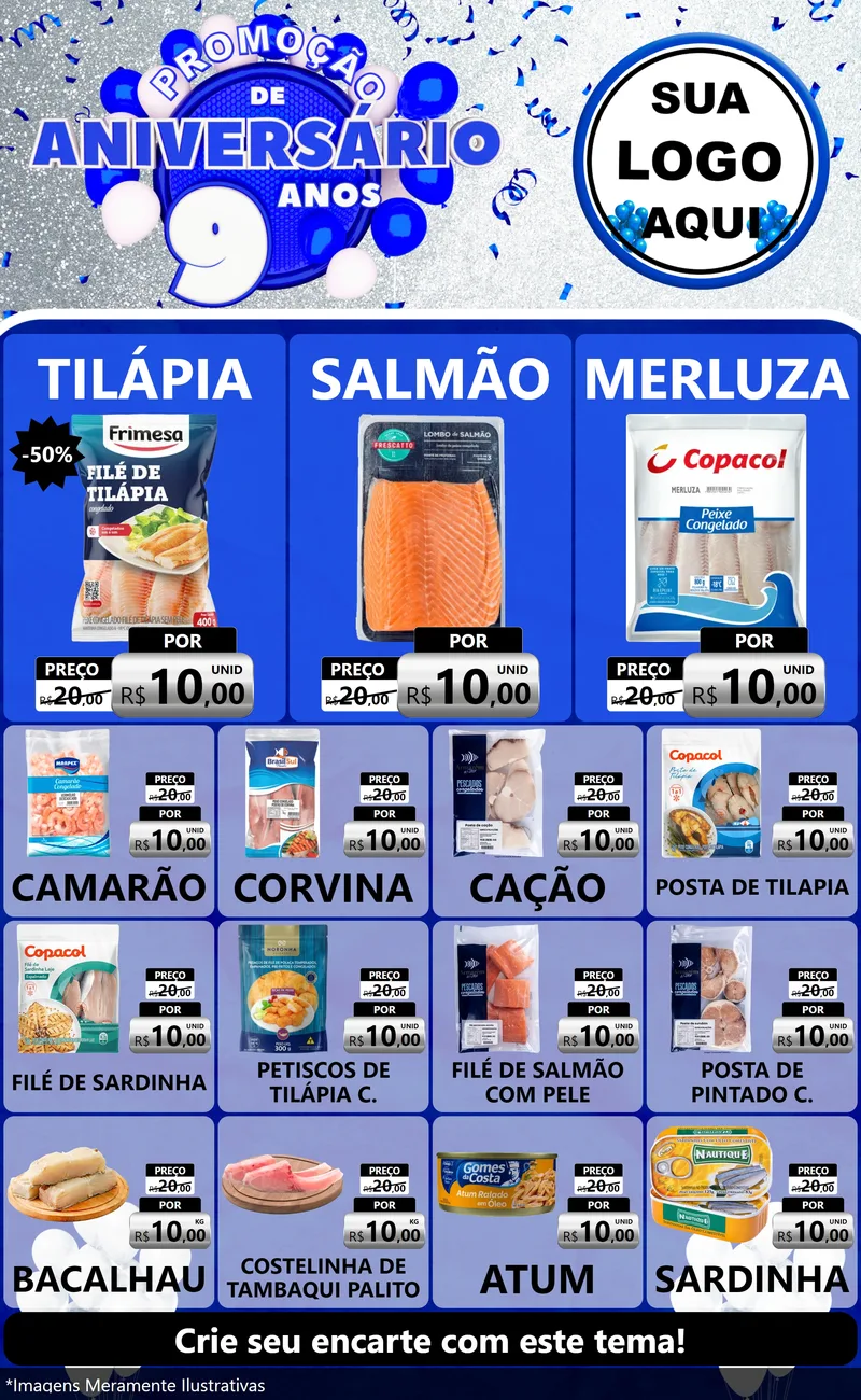 Modelo de Encarte para Encarte Grande com o tema Promoção de Aniversário - 9 Anos para Peixaria