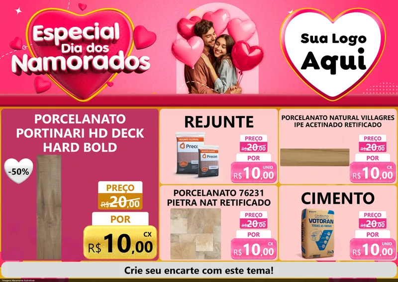 Modelo de Encarte para Encarte A4 Horizontal com o tema Especial Dia dos Namorados para Pisos e revestimentos