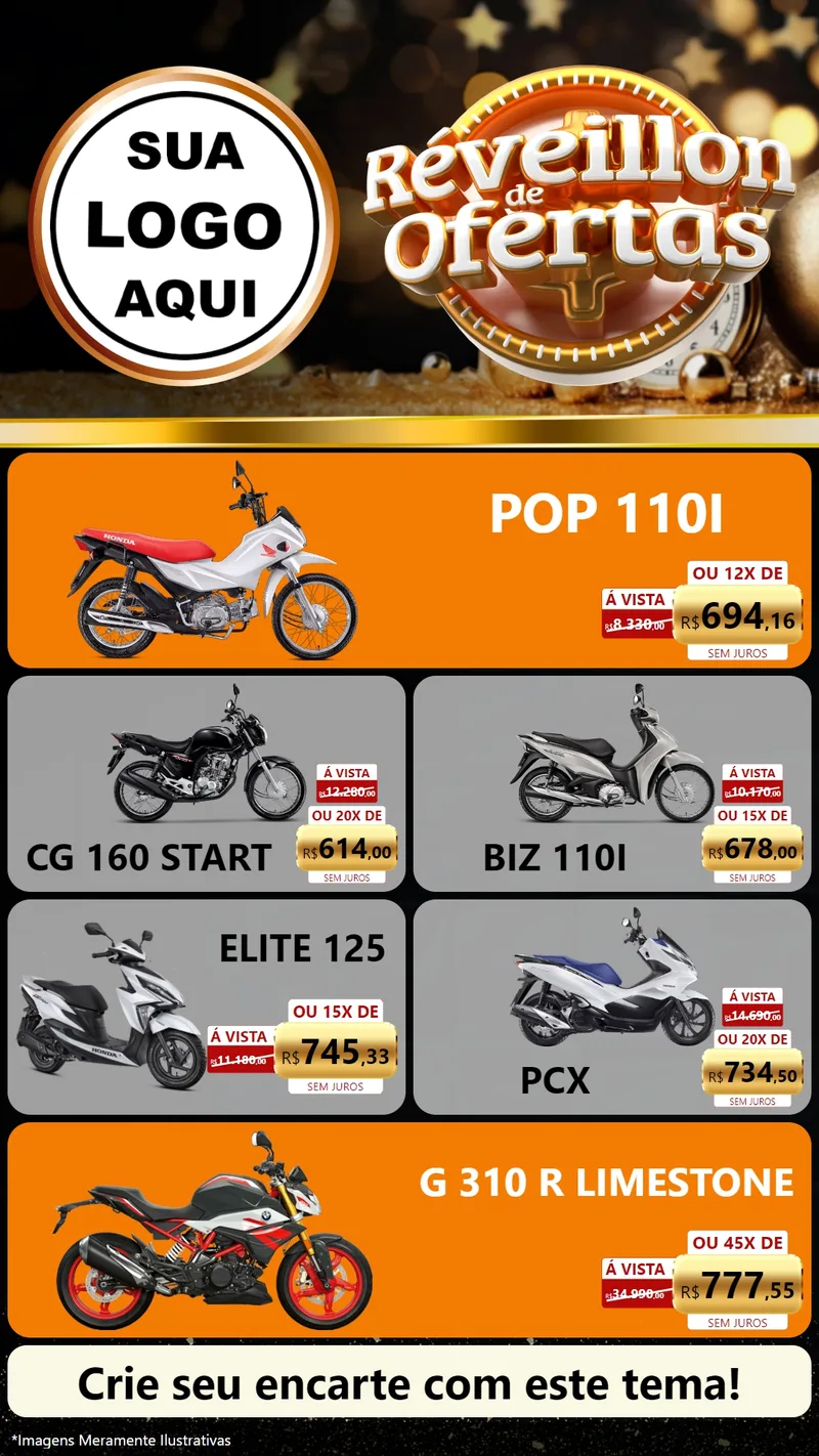 Modelo de TV para TV Vertical com o tema Réveillon de Ofertas para Concessionaria de Motos