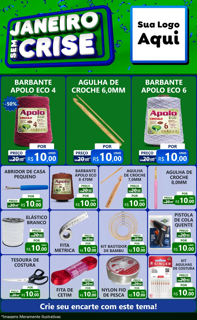 Modelo de Encarte para Encarte Grande com o tema Janeiro Sem Crise para Armarinho e Aviamentos