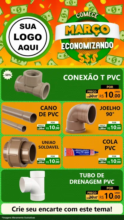 Modelo de TV para TV Vertical com o tema Comece Março Economizando para Tubos e conexões