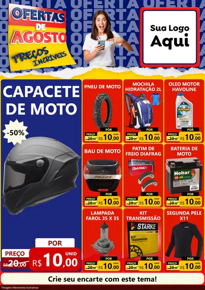 Modelo de Encarte para Encarte A4 Vertical com o tema Ofertas de Agosto - Preços Incríveis para Moto peças