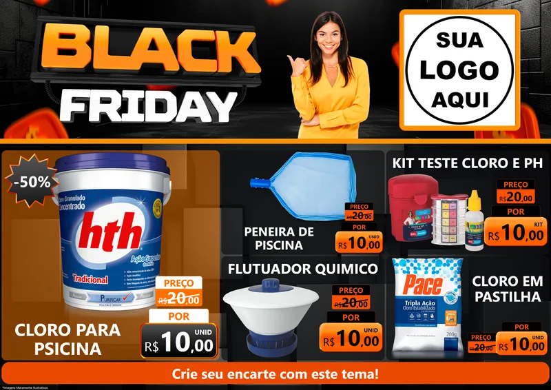 Modelo de Encarte para Encarte A4 Horizontal com o tema Black Friday para Produtos para Piscina