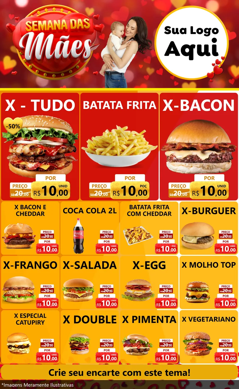 Modelo de Encarte para Encarte Grande com o tema Semana das Mães para Hamburgueria