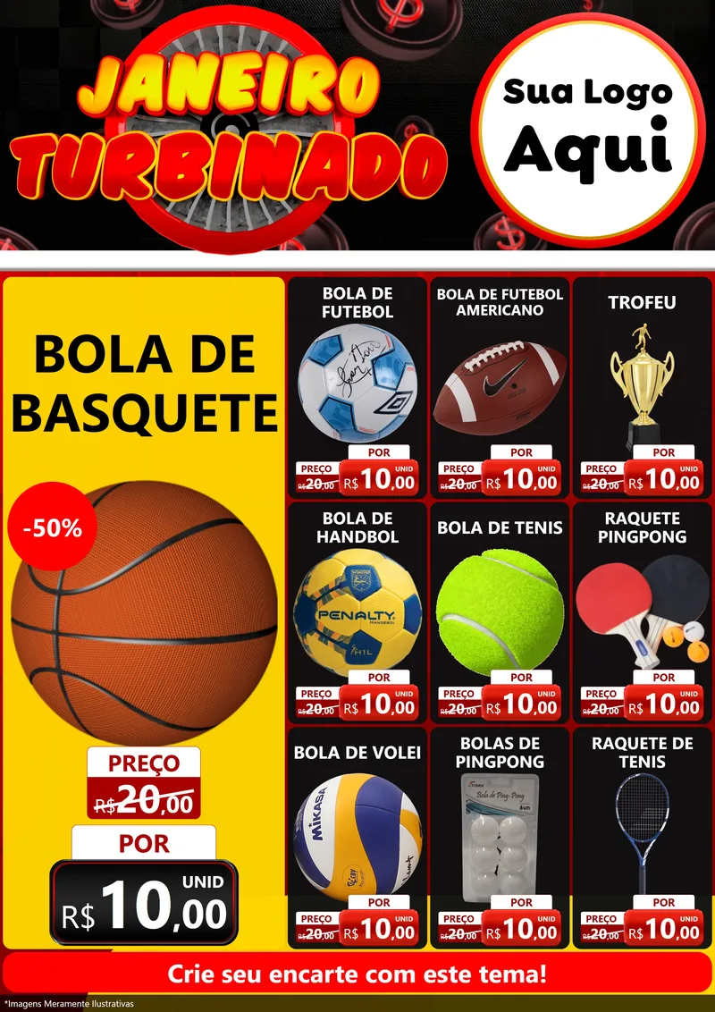 Modelo de Encarte para Encarte A4 Vertical com o tema Janeiro Turbinado para Artigos Esportivos