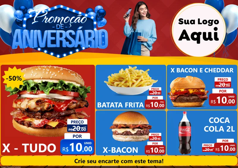 Modelo de Encarte para Encarte A4 Horizontal com o tema Promoção de Aniversário para Hamburgueria