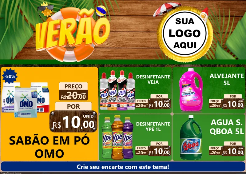 Modelo de Encarte para Encarte A4 Horizontal com o tema Verão para Produtos de Limpeza