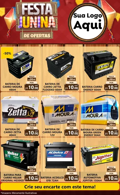 Modelo de Encarte para Encarte Grande com o tema Festa Junina de Ofertas para Baterias Elétricas