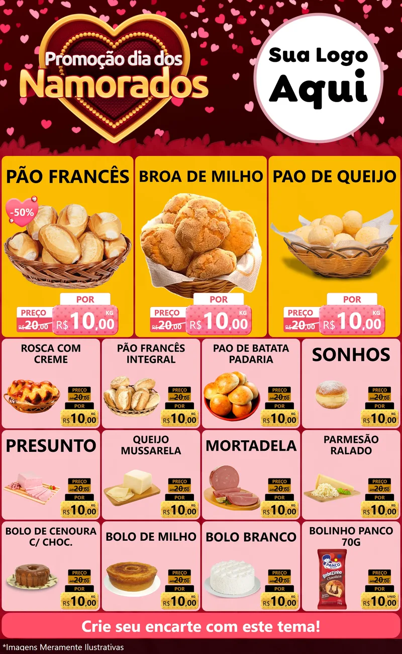 Modelo de Encarte para Encarte Grande com o tema Promoção Dia Dos Namorados para Padaria