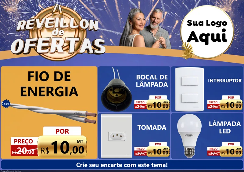 Modelo de Encarte para Encarte A4 Horizontal com o tema Réveillon de Ofertas para Materiais Elétricos