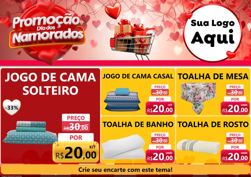 Modelo de Encarte para Encarte A4 Horizontal com o tema Promoção Dia dos Namorados para Cama, Mesa e Banho