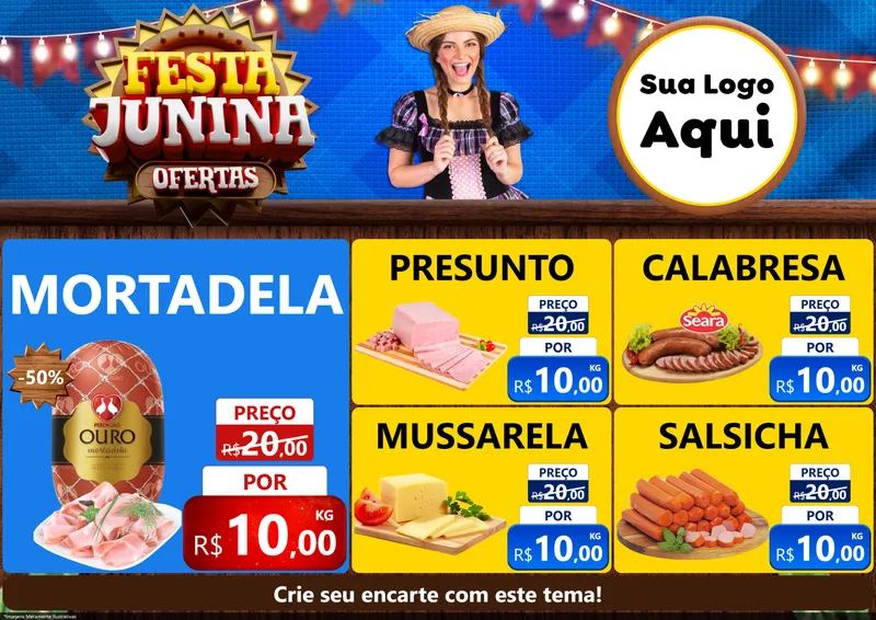 Modelo de Encarte para Encarte A4 Horizontal com o tema Festa Junina Ofertas para Frios e Laticínios