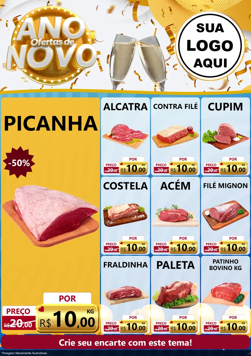 Modelo de Encarte para Encarte A4 Vertical com o tema Ofertas de Ano Novo para Açougue