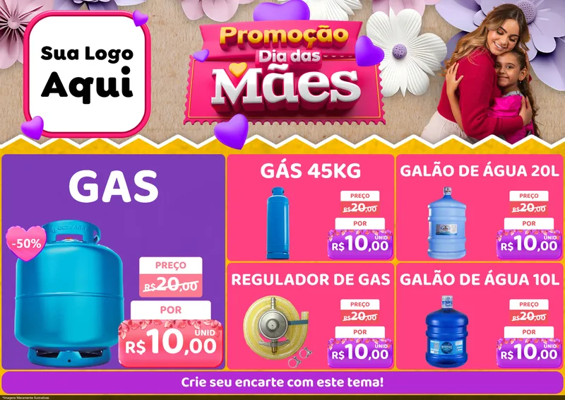 Modelo de Encarte para Encarte A4 Horizontal com o tema Promoção Dia das Mães para Água e gás