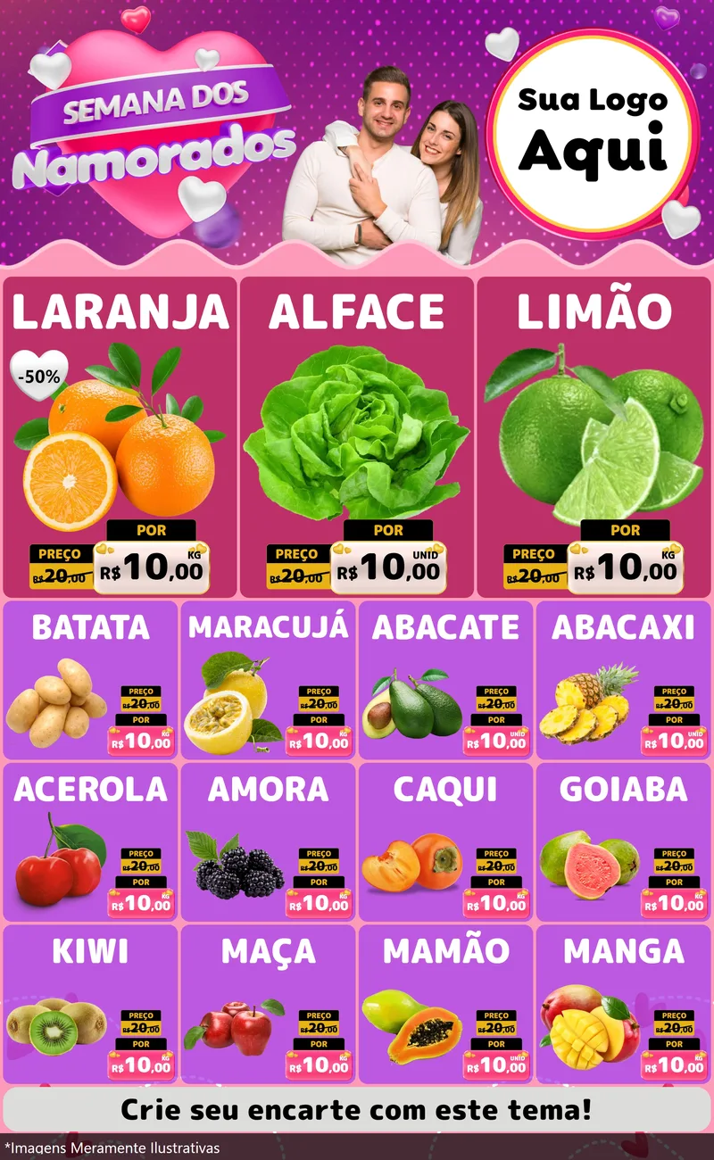 Modelo de Encarte para Encarte Grande com o tema Semana dos Namorados para Hortifrúti
