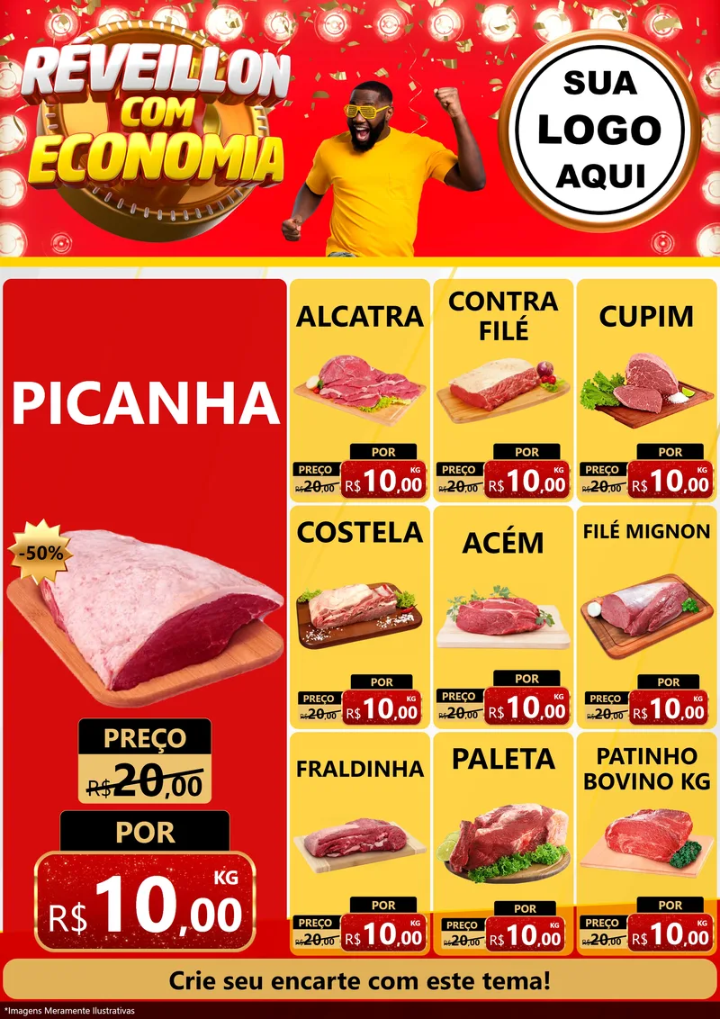 Modelo de Encarte para Encarte A4 Vertical com o tema Réveillon com Economia para Açougue