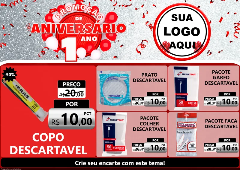 Modelo de Encarte para Encarte A4 Horizontal com o tema Promoção de Aniversário - 1 Ano para Embalagens