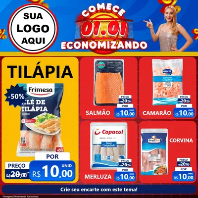 Modelo de Rede Social para Feed Facebook com o tema Comece 1º de Janeiro Economizando para Peixaria