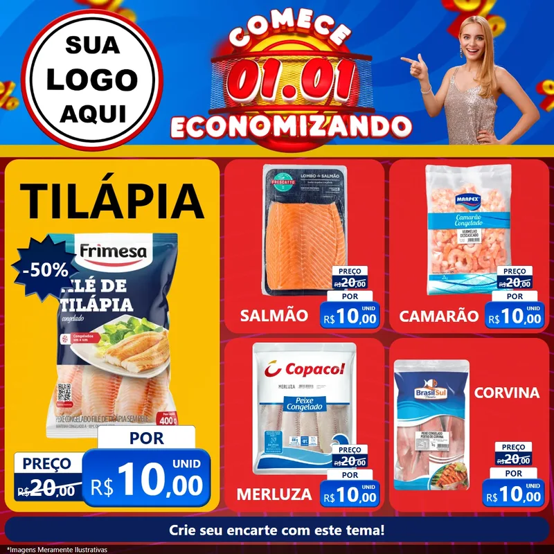 Modelo de Rede Social para Feed Facebook com o tema Comece 1º de Janeiro Economizando para Peixaria