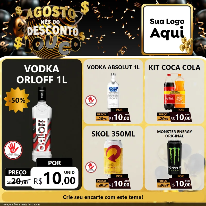 Modelo de Rede Social para Feed Facebook com o tema Agosto Mês do Desconto Louco para Distribuidora de bebidas