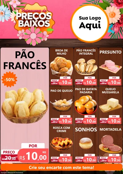 Modelo de Encarte para Encarte A4 Vertical com o tema Primavera de Preços Baixos para Padaria