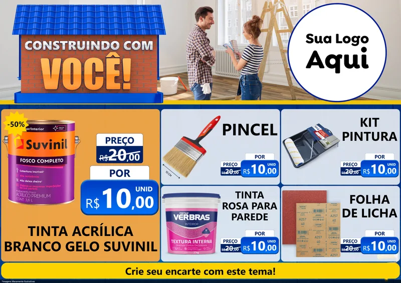 Modelo de Encarte para Encarte A4 Horizontal com o tema Construindo Com Você para Tintas e Ferramentas