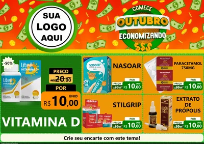 Modelo de Encarte para Encarte A4 Horizontal com o tema Comece Outubro Economizando para Farmácia
