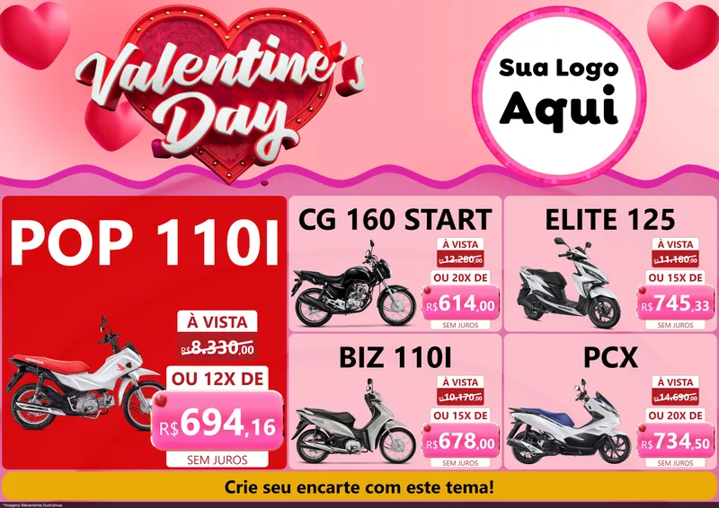 Modelo de Encarte para Encarte A4 Horizontal com o tema Valentine's Day para Concessionaria de Motos