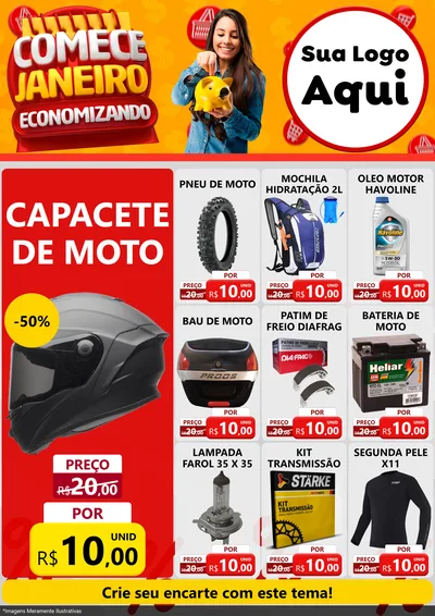 Modelo de Encarte para Encarte A4 Vertical com o tema Comece Janeiro Economizando para Moto peças