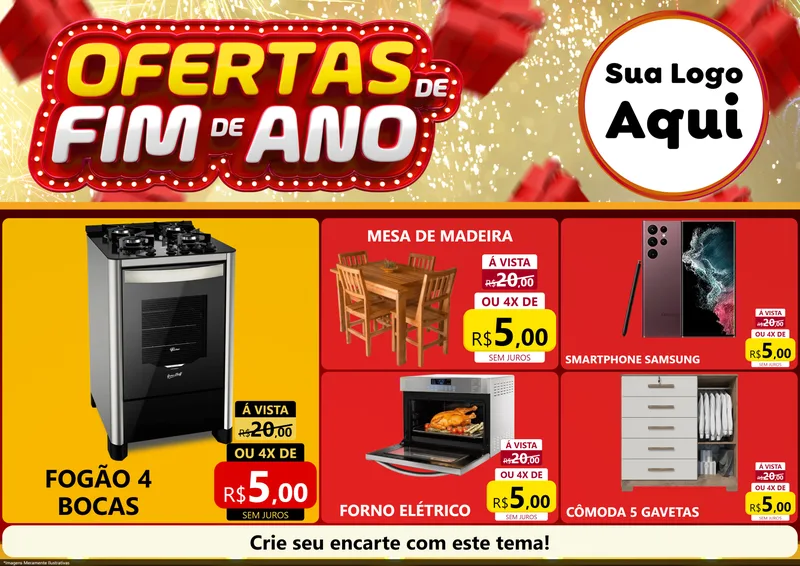 Modelo de Encarte para Encarte A4 Horizontal com o tema Ofertas de Fim de Ano para Móveis e Eletro