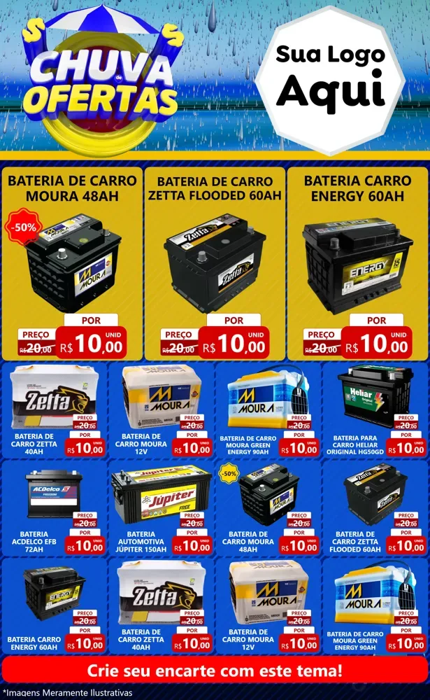 Modelo de Encarte para Encarte Grande com o tema Chuva de Ofertas para Baterias Elétricas