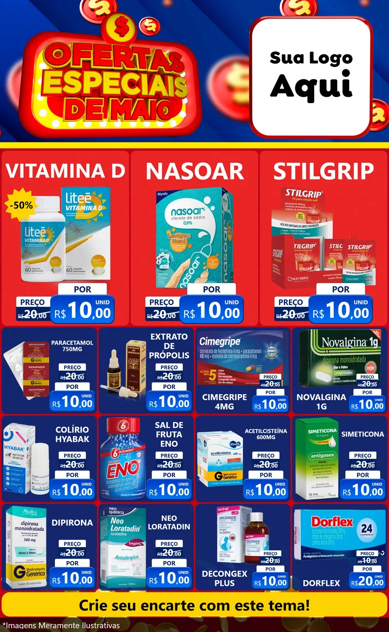 Modelo de Encarte para Encarte Grande com o tema Ofertas Especiais de Maio para Farmácia