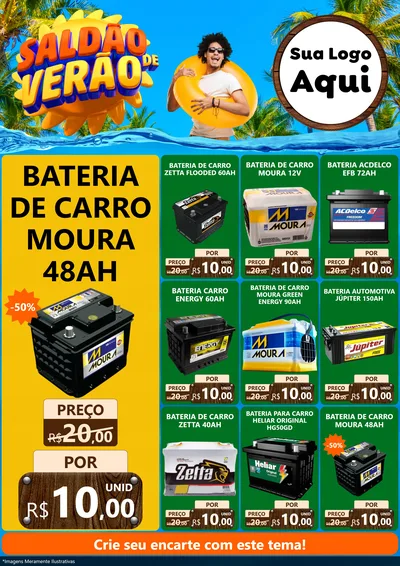 Modelo de Encarte para Encarte A4 Vertical com o tema Saldão de Verão para Baterias Elétricas