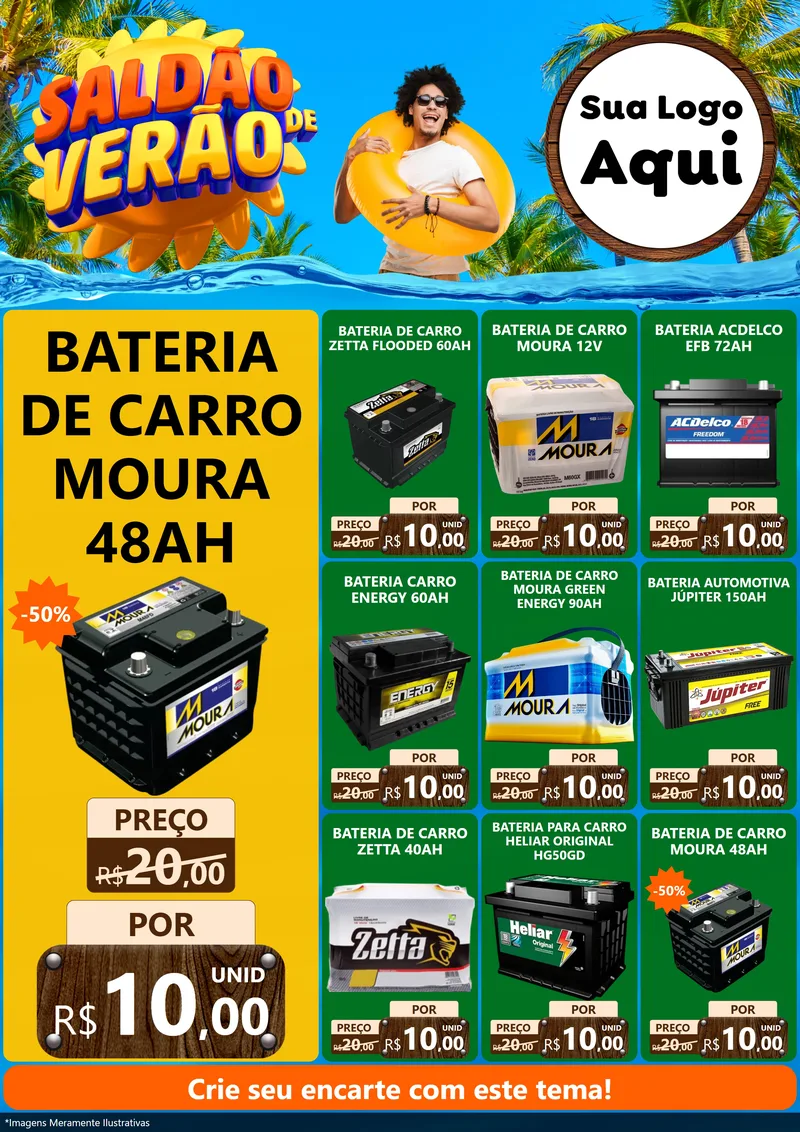 Modelo de Encarte para Encarte A4 Vertical com o tema Saldão de Verão para Baterias Elétricas