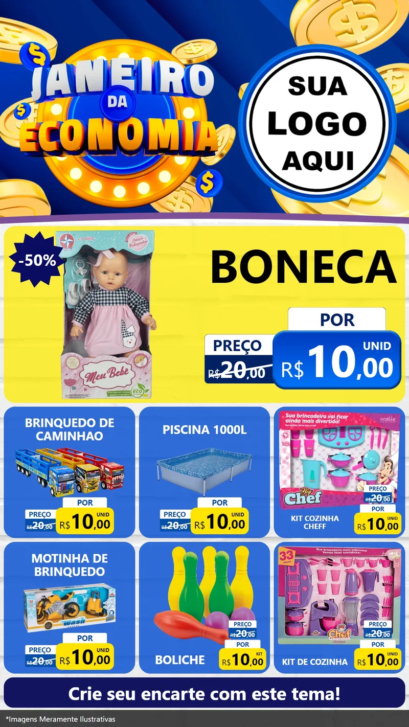 Modelo de Rede Social para Stories com o tema Janeiro da Economia para Brinquedos