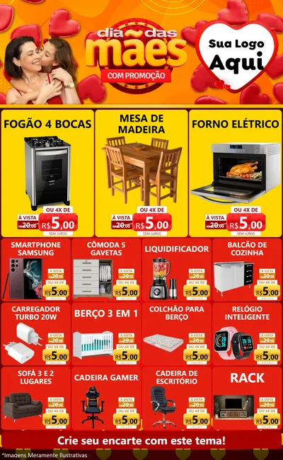 Modelo de Encarte para Encarte Grande com o tema Dia das Mães com Promoção para Móveis e Eletro
