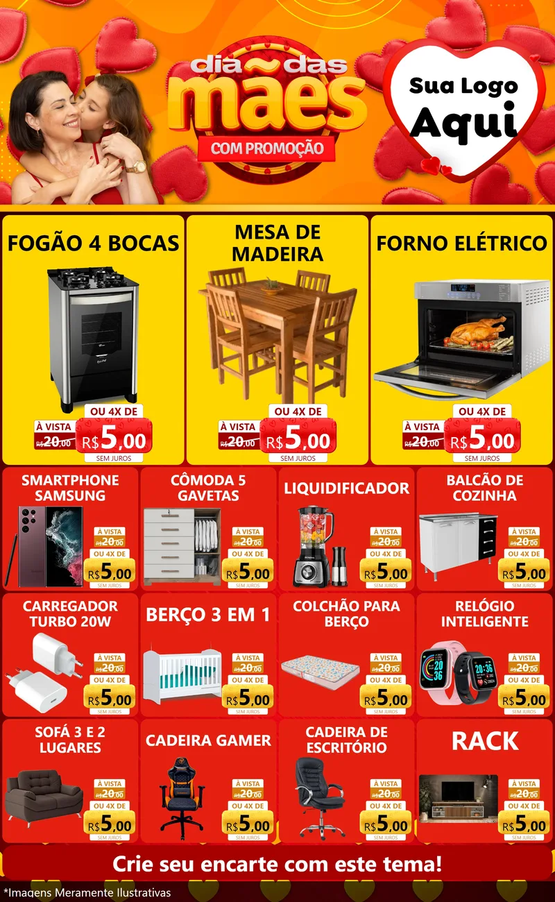Modelo de Encarte para Encarte Grande com o tema Dia das Mães com Promoção para Móveis e Eletro