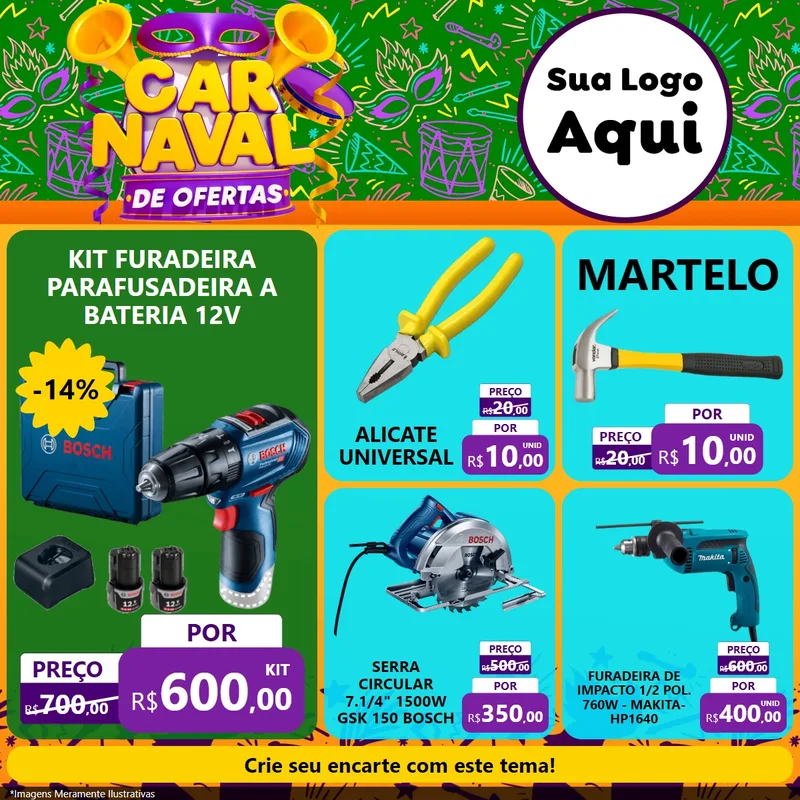 Modelo de Rede Social para Feed Facebook com o tema Carnaval de Ofertas para Maquinas e Ferramentas